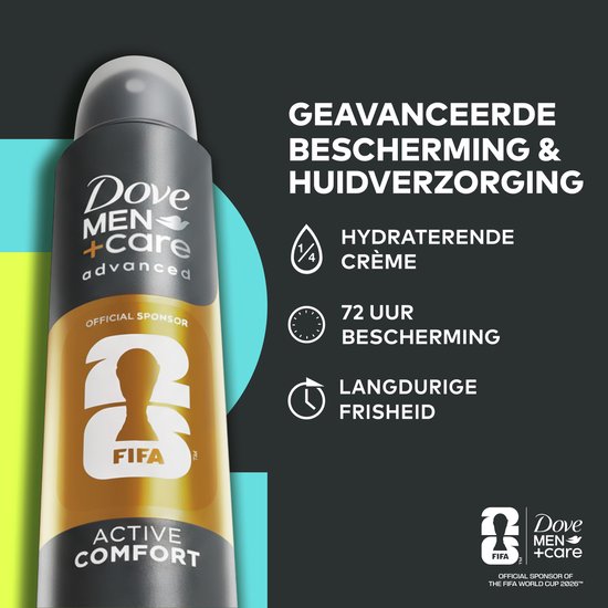 Dove Men+Care Advanced Active Comfort deodorant spray met 72 uur bescherming. Hydraterende crème. Officieel sponsor van FIFA.