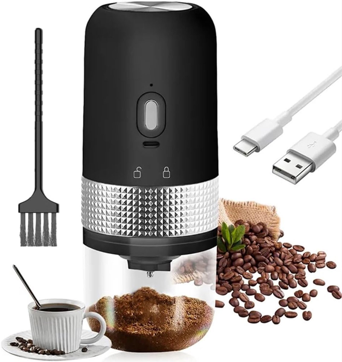 Elektrische Koffiemolen Koffiebonen Maler met één druk op de knop, Draagbare Keramische Koffiemolen, Instelbare Maalgraden, Oplaadbare Mini Koffiemolen voor Bonen Noten Granen, 25g Capaciteit Zwart