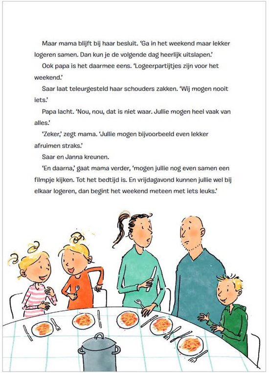 Een gezin zit aan tafel, met voedsel op het bord, illustraties van een boek.