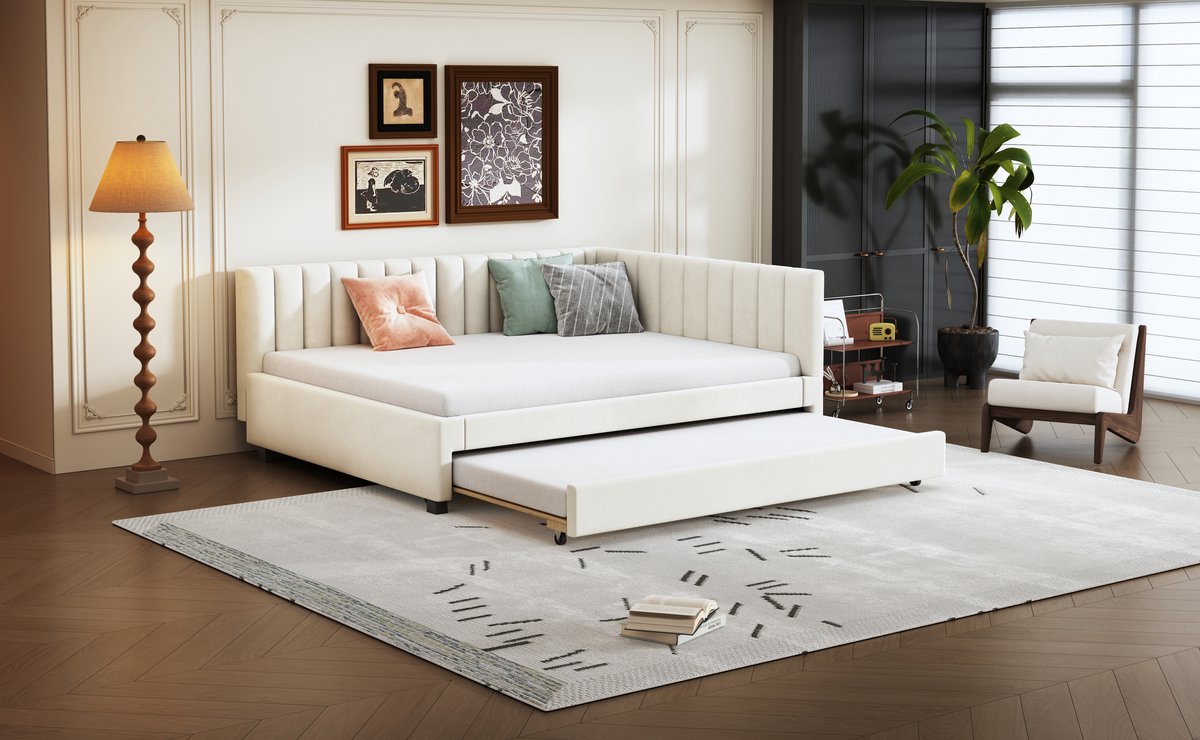 REDOM Slaapbank 140x200 cm van fluweel – Met uitschuifbed, lattenbodem en mid-century design – Beige