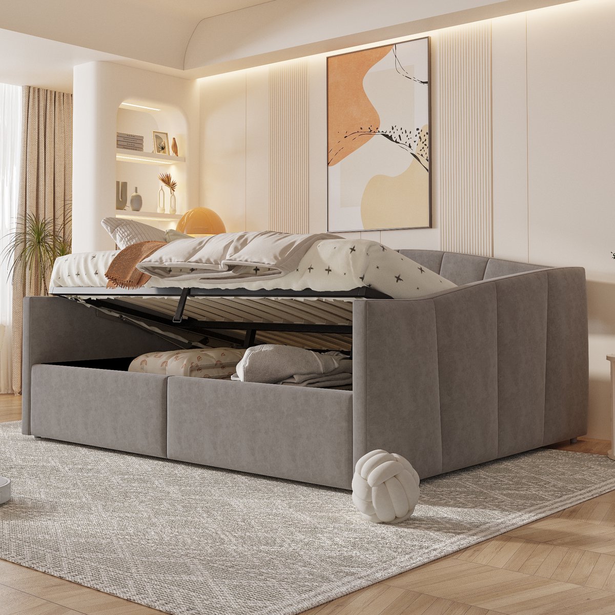REDOM Slaapbank 140x200 cm van fluweel, met slaapfunctie en hydraulische opbergruimte