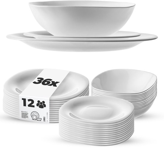 Un bol blanc et des assiettes blanches empilés, avec une étiquette "36x 12 pers".
