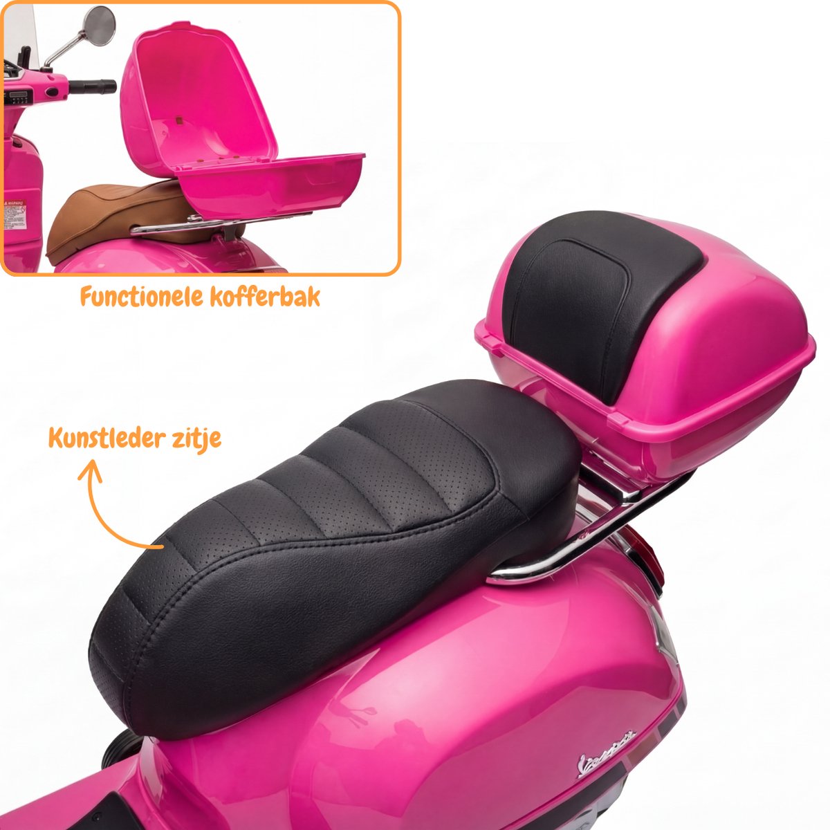 Vespa GT Full Option Elektrische Kinderscooter 3 tot 6 jaar – Officieel Gelicentieerde Kinder Vespa met Kofferbak & Verwijderbare Zijwieltjes – Li-ion Kindermotor met Kunstlederen Zitje, MP3 AUX & USB – Roze — afbeelding 11