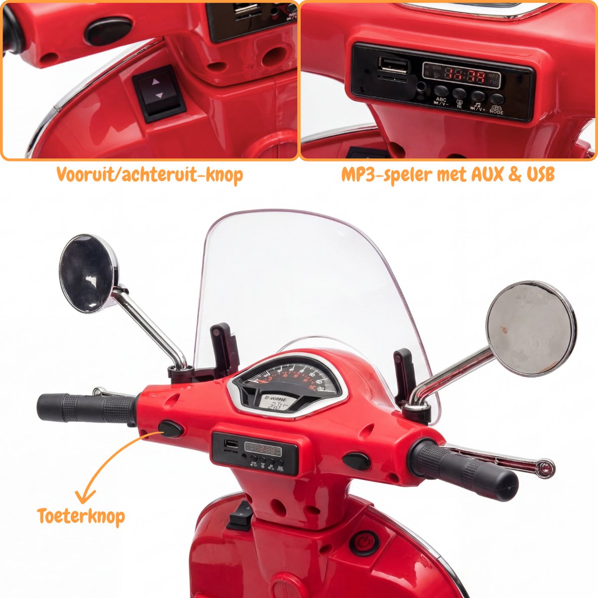 Vespa GT Full Option Elektrische Kinderscooter 3 tot 6 jaar – Officieel Gelicentieerde Kinder Vespa met Kofferbak & Verwijderbare Zijwieltjes – Li-ion Kindermotor met Kunstlederen Zitje, MP3 AUX & USB – Rood — afbeelding 9