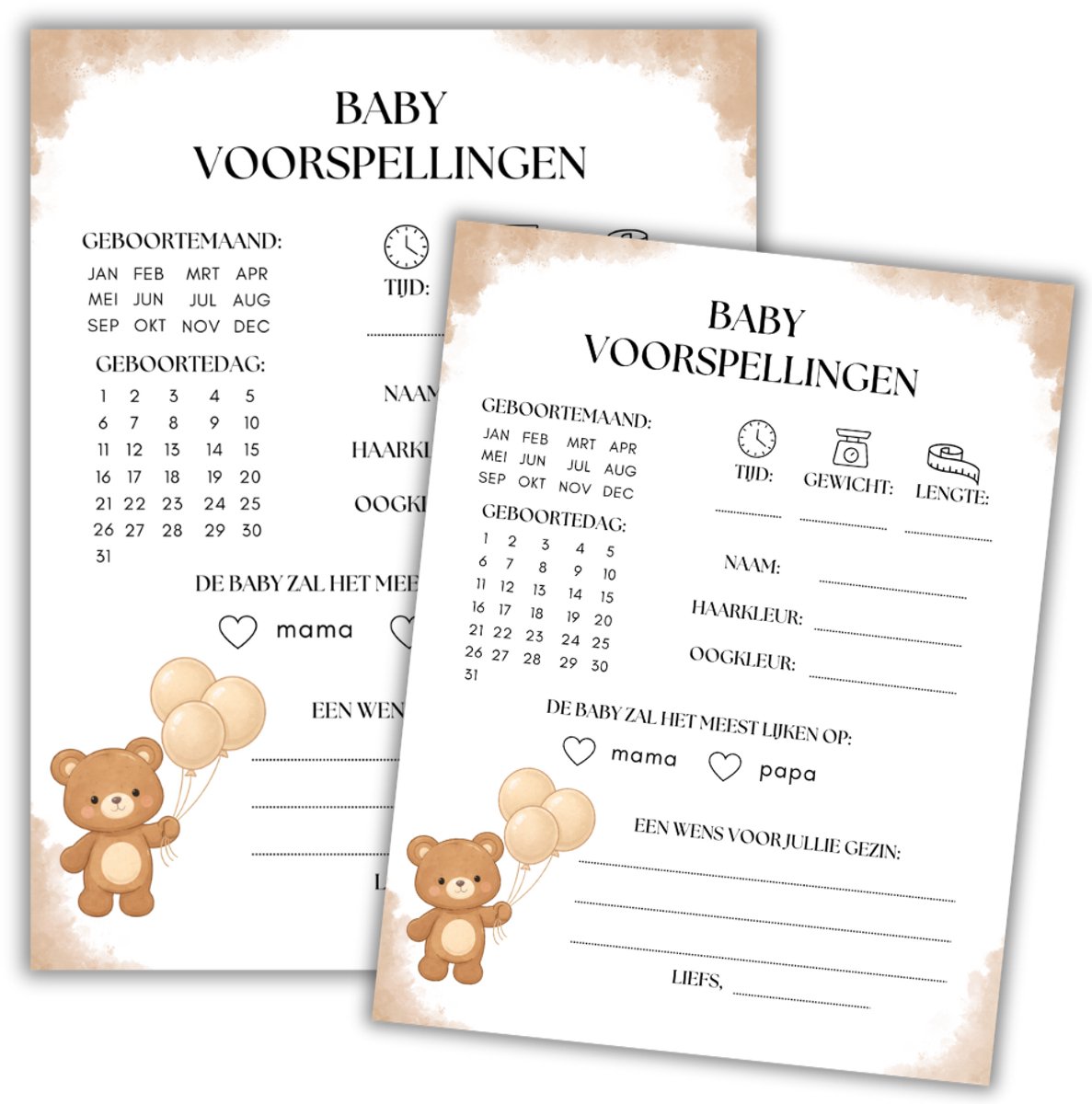 Babyshower Invulkaarten - 20 Stuks - Babyshower voorspellingen - Wenskaarten - Babyshower - Beige