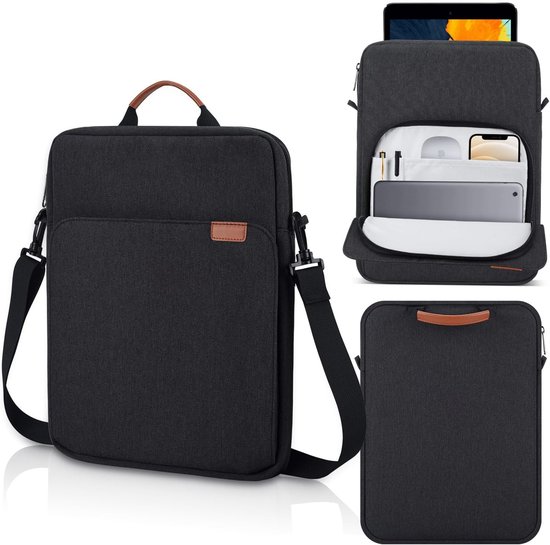 Zwarte tablet tas met bruine handgreep, schouderband en voorvak. Interieur met compartimenten voor tablet, telefoon en accessoires.