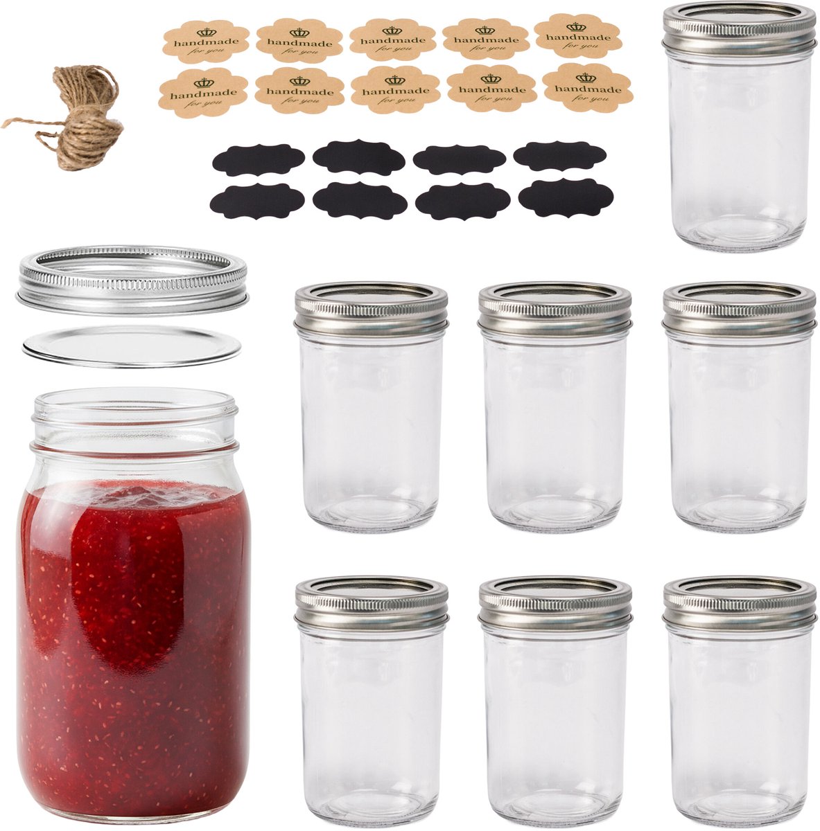 Inmaakglazen - 8 stuks - 500 ml - glas - transparant - zilveren schroefdop