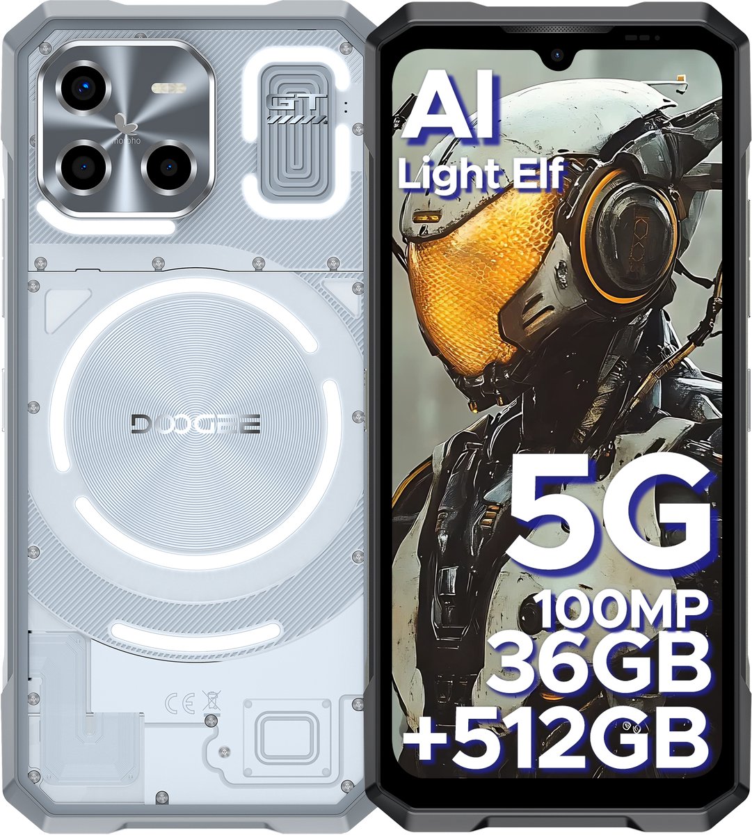 DOOGEE BLADE GT ULTRA Telefoon Draagbare Incassable Android 14, Dunne 10.5mm 36GB + 256GB Smartphone LED Effecten 100MP Camera,Zilver