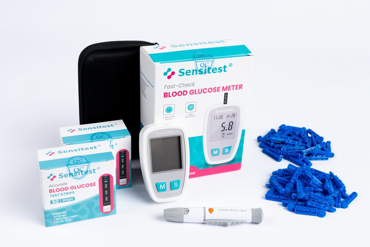 Sensitest Bloedsuikermeter Compleet Pakket– 100 Teststrips, 100 Lancetten, Prikpen & Beschermhoes - Snel & Betrouwbaar Thuis Meten