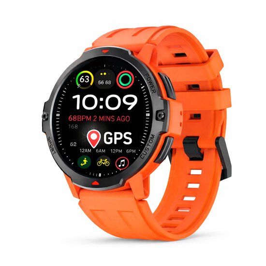 Gedetailleerd beeld van een oranje smartwatch met GPS-functie en sportactiviteiten-icoontjes.