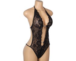 Sexy Lingerie - Erotische Zwarte Glamour Body Kant met Decolleté - Stras steentjes - Open Kruis - Sexy Teddy - Erotiek - Valentijnsdag - Kleur Zwart - Maat XL