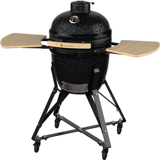KitchenBrothers Kamado BBQ - 18 Inch Houtskool Barbecue - 38,5⌀ cm - Complete Set - Egg BBQ met Accessoires inclusief Hoes - Zwart