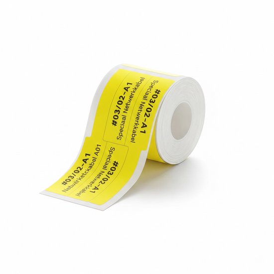 Gele kabel labels met zwarte tekst #03/02-A1 Speciaal Netwerkkabel.