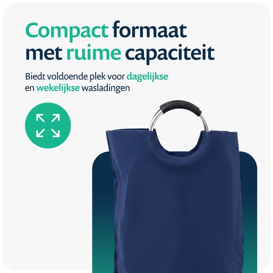 Donkerblauwe wasmand met aluminium handgrepen en de tekst 'LAUNDRY'.