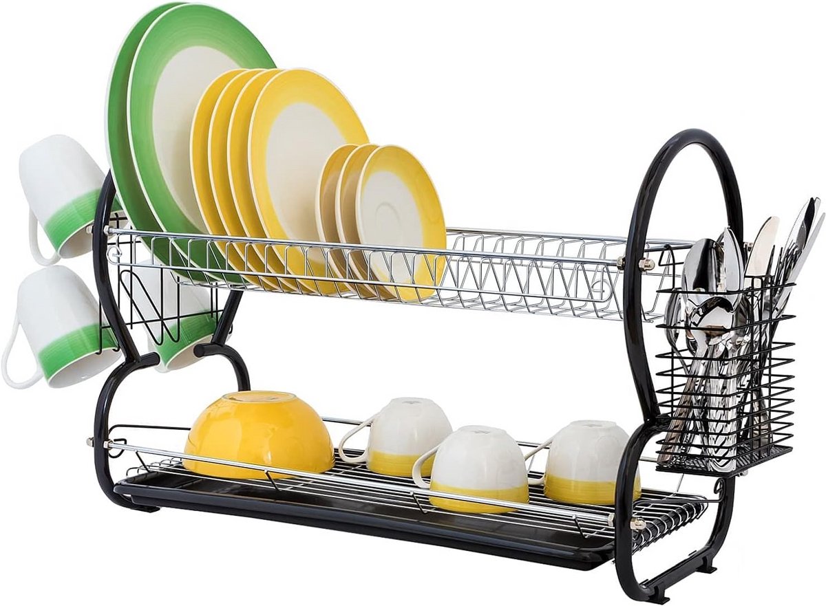 Grote Chrome Plated Metalen Afdruiprek met 2 Lagen, Beker- en Bestekhouder