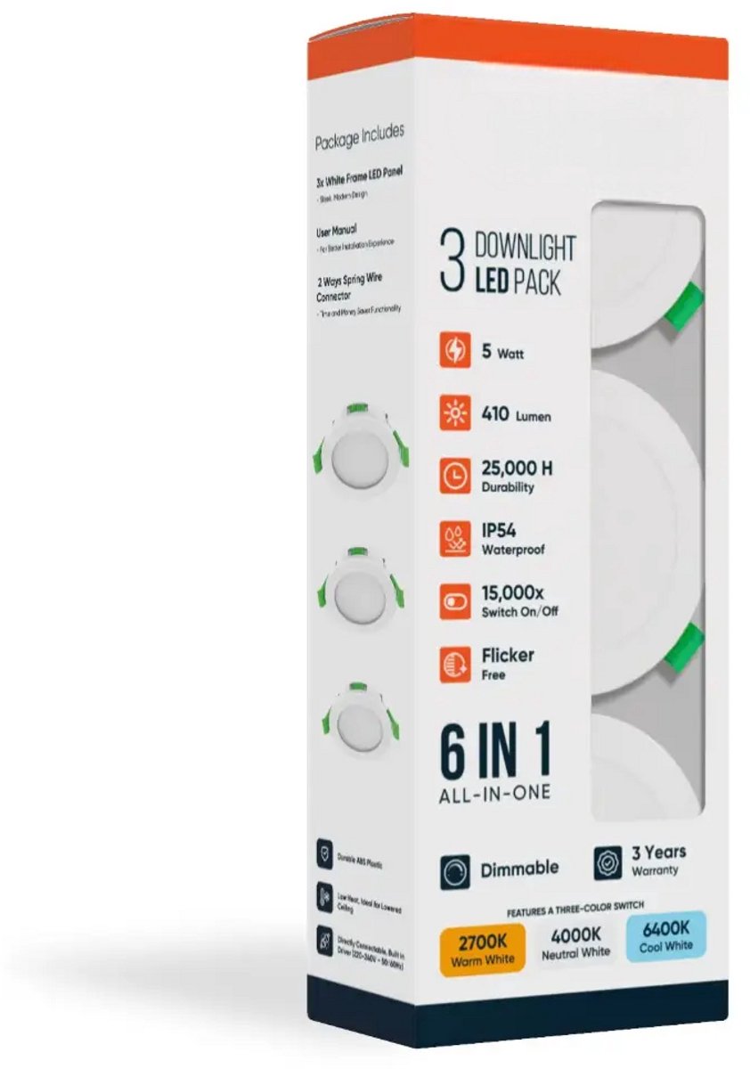 LDS - LED inbouwlamp - 5W - Aanpasbare Kleur CCT - 2700K/4000K/6400K - 410 Lumen - DIMBAAR - Rond - Mat Wit- Buiten Diameter 85 mm - Set van 3 inbouwlamp - IP54 - Badkamer - Woonkamer - Keuken