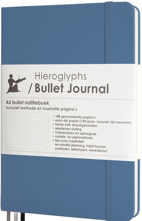 Hieroglyphs Bullet Journal - Notitieboek A5 - 100 Grams Papier - met Handleiding en Inspiratie - Hardcover Notebook Dotted - Petrol Blue