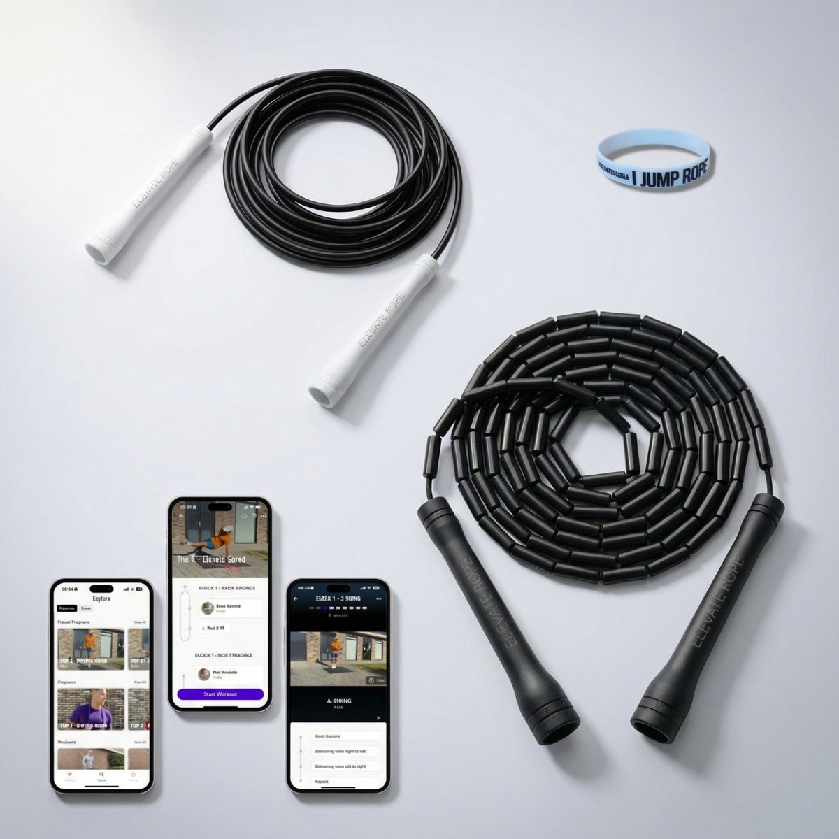 Elevate Rope - Springtouw Bundel Met Workout App (Zwart) - 2 x Verstelbare Jump Rope - Springtouwen voor Volwassenen en kinderen - Speed Rope + Beaded Rope - Conditie, Kracht & Trucs - Binnen & Buiten Skipping Rope - Fitness Springtouwset