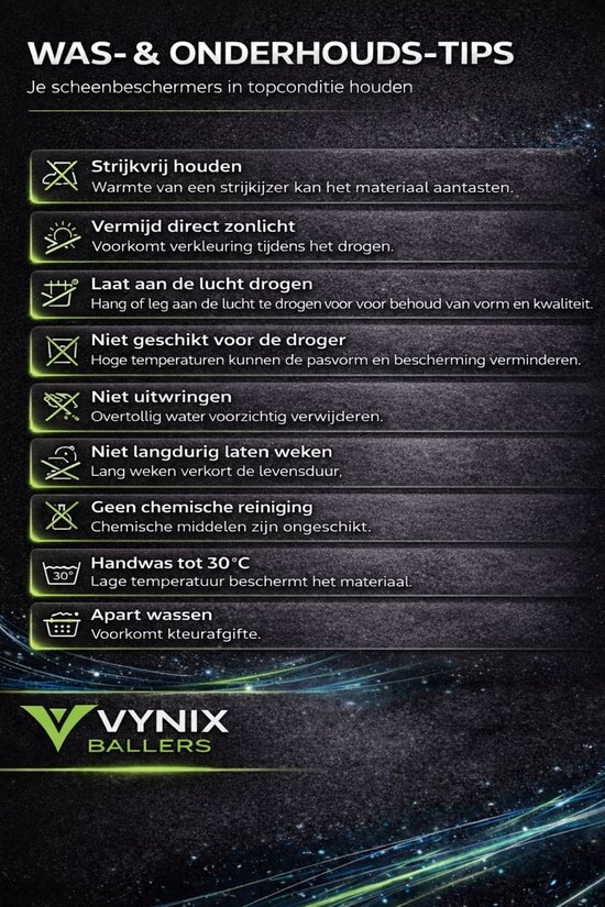 Overzicht van was- en onderhoudstips voor scheenbeschermers met het Vynix Ballers logo.