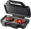 Open zwarte grill met een gegrilde hamburger, plakjes paprika en ui.