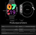 Productafmetingen van een zwarte smartwatch met details zoals breedte, hoogte, dikte en specificaties.