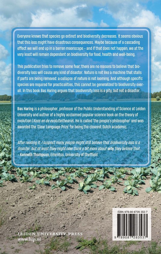Boekomslag met tekst over biodiversiteit en een foto van een veld met jonge koolplantjes onder een blauwe hemel.