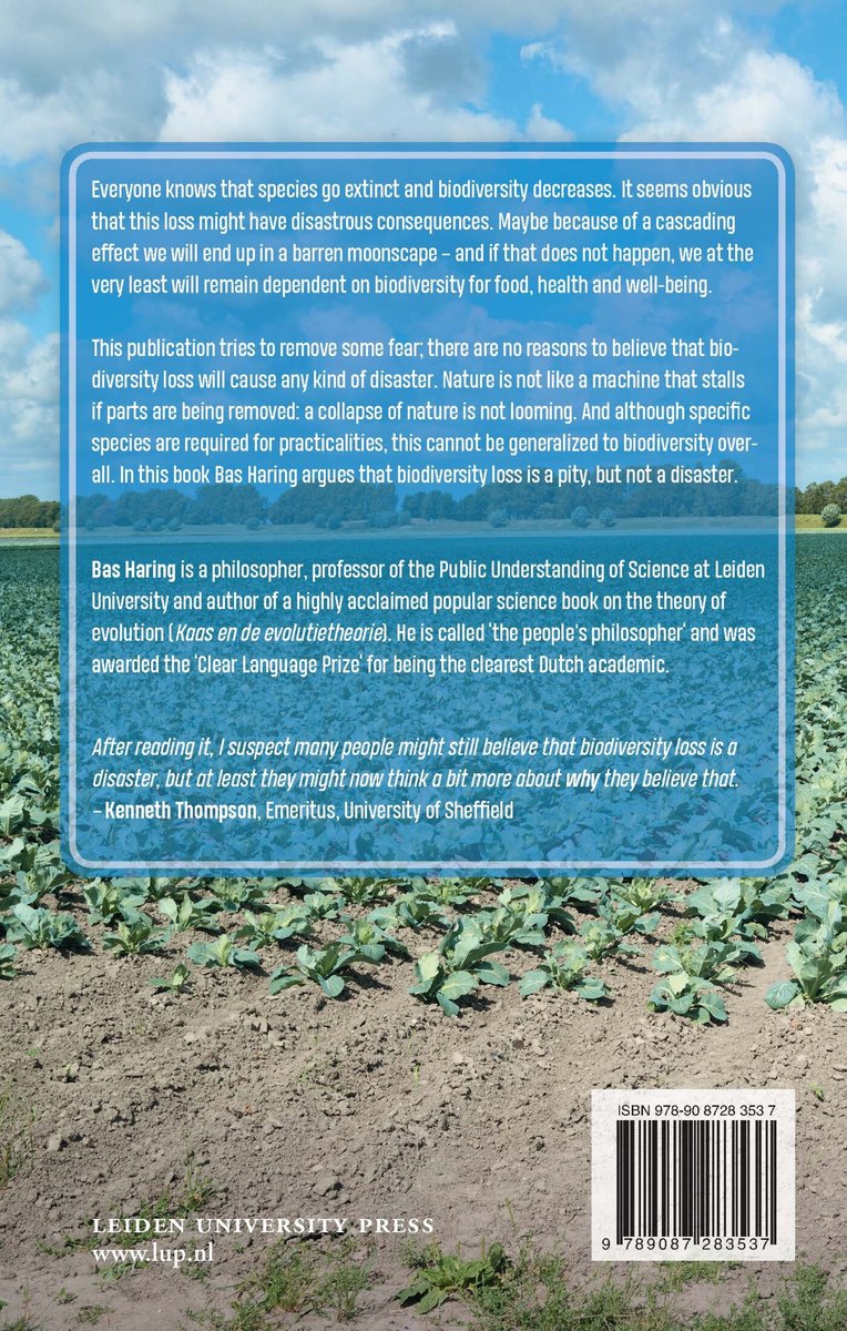 Boekomslag met tekst over biodiversiteit en een foto van een veld met jonge koolplantjes onder een blauwe hemel.
