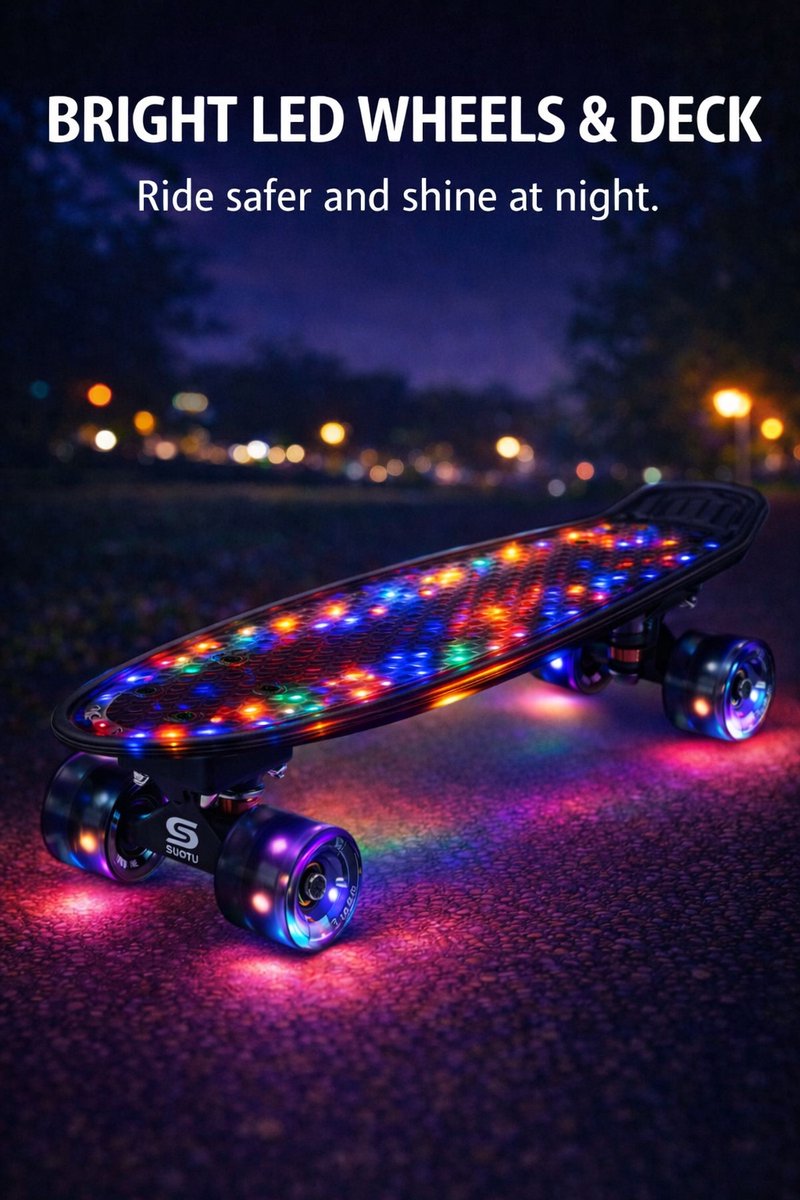 Suotu Skateboard met LED Lichtgevend Dek & Wielen - ABEC-9 - Tot 50 kg - Skateboard Meisjes/jongens - Skateboard Volwassenen -Flitszwart — afbeelding 2