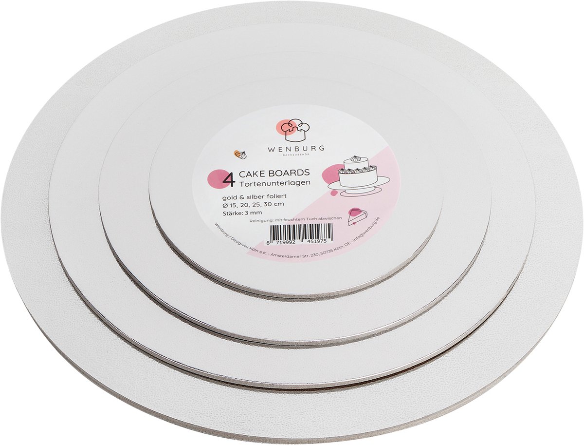 Wenburg Premium Cake Board Set, 4 taartbodems, 3 mm, Goud & Zilver - aan beide zijden bruikbaar, rond. Gebaksbord I taartbord