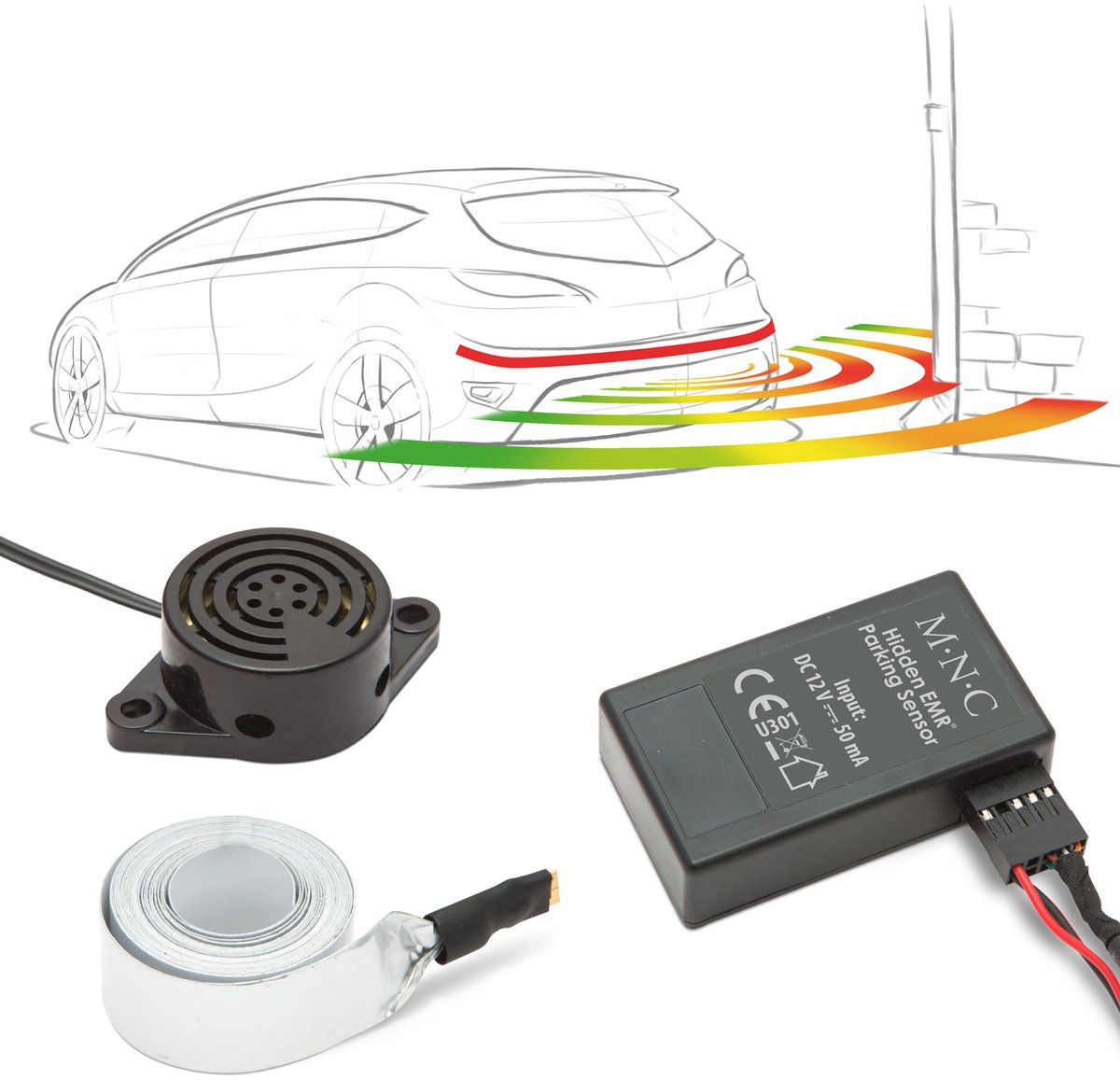 Verborgen EMR Aftermarket Inbouw Parkeersensoren Strip 220 cm - Geen boren - Elektromagnetisch - 12V - Universeel - Zelfklevend - Akoestisch waarschuwingssignaal [54992A]