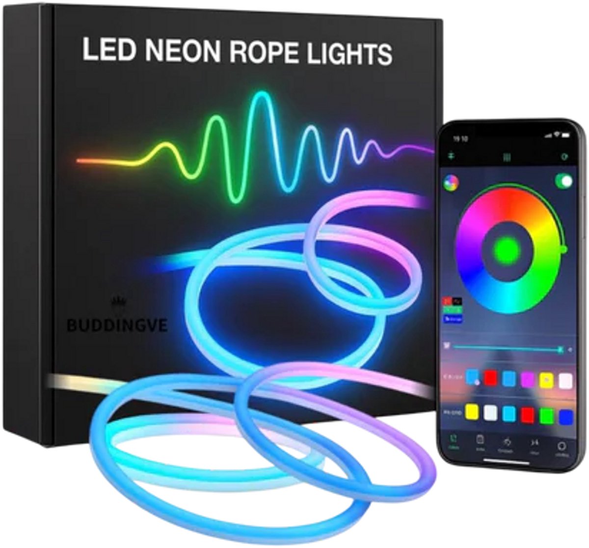BUDDINGVE LED Strip 10m RGB - App-bediening, Muziekmodus, Dimbaar, Waterdicht IP67 - Neon Rope Light voor Binnen & Buiten, Woonkamer, Gaming, Tuin & Feestverlichting