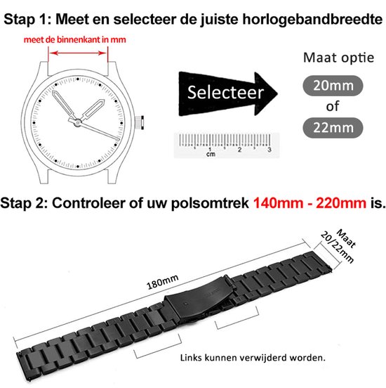 Instructies voor het kiezen van de juiste horlogebandmaat (20mm/22mm) en polsomtrek (140-220mm).