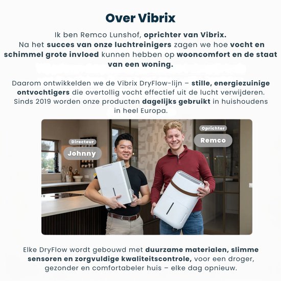 Vibrix DryFlow6 Luchtontvochtiger – 6L per dag – Wasdroogfunctie – Stil & Energiezuinig – Ontvochtiger voor Badkamer, Kelder, Zolder & Slaapkamer – Slimme Dehumidifier
