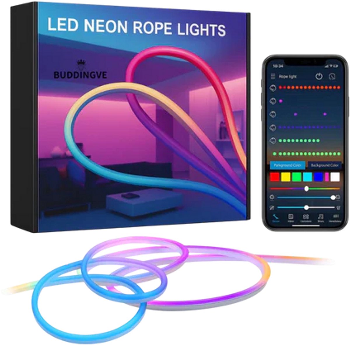 BUDDINGVE LED Strip 3m RGBIC - Neon Rope Light, App-bediening, Muziekmodus, Dimbaar, Waterdicht IP67 - Binnen & Buiten, Gaming, Woonkamer, Tuin, Feestverlichting