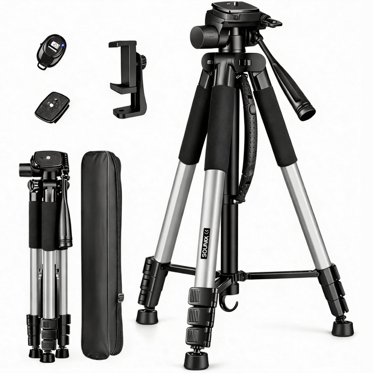 Sounix Camera statief - telefoon statief - 188 cm - Incl. Bluetooth Afstandsbediening - Tripod met Smartphone telefoon houder - tripod smartphone - Aluminium - Zilver
