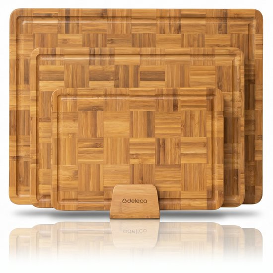 Deleca 3-delige Snijplankenset Bali met Houder - Snijplanken (40x30 | 33x24 | 26x18 cm) - Voor Japandi Keuken - Serveerplank, Kaasplank, Borrelplank, Snijplank en Tapasplank - Gecarboniseerd FSC Bamboe
