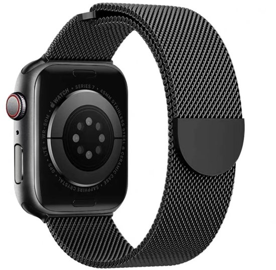 Zwart Milanese Apple Watch bandje op een Apple Watch.