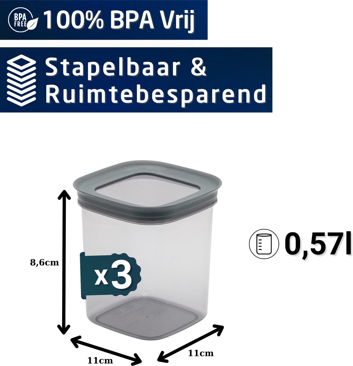 Mutfac Voorraadpotten Set 3-delig Voorraadbussen Kunststof Antraciet Vershouddoos Luchtdicht Stapelbaar Diepvriesbestendig - 570ml