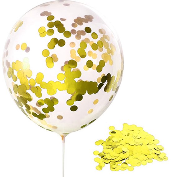 Transparante ballon gevuld met gouden confetti, met een hoopje losse confetti ernaast.