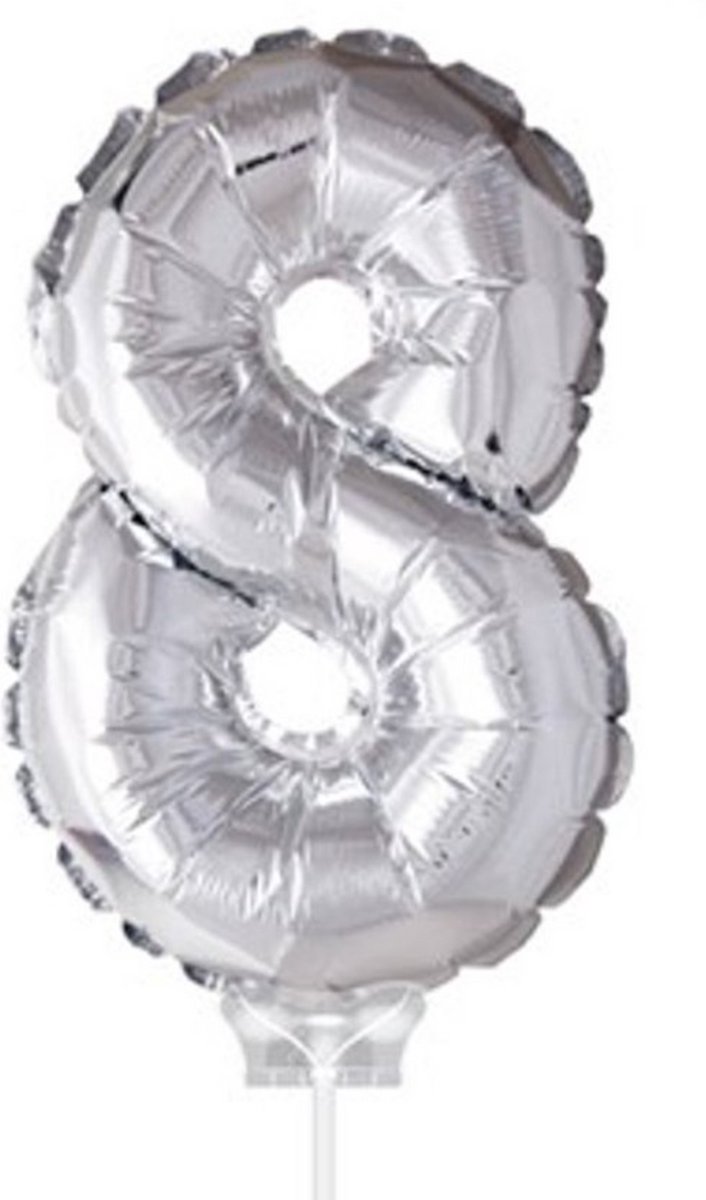 Cijferballon op stokje XL 40cm - Taart ballon - Cijfer 8 - Zilver
