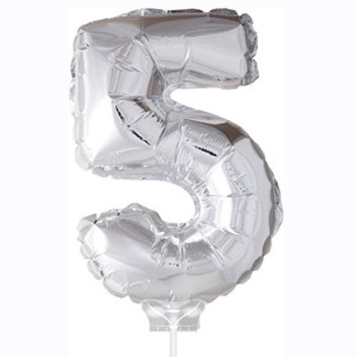 Cijferballon op stokje XL 40cm - Taart ballon - Cijfer 5 - Zilver