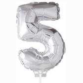 Cijferballon op stokje XL 40cm - Taart ballon - Cijfer 5 - Zilver