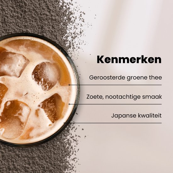 Gekoelde hojicha latte met ijsblokjes, melkschuim en gemalen thee.
