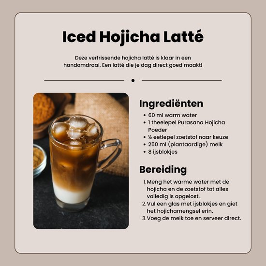 Iced Hojicha Latte recept met ingrediënten en bereidingswijze.