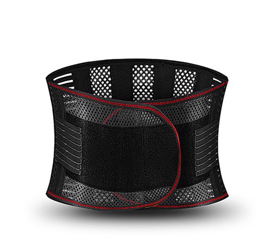 Zwarte rugbrace met mesh panelen, rode randen en verstelbare klittenbandsluiting.