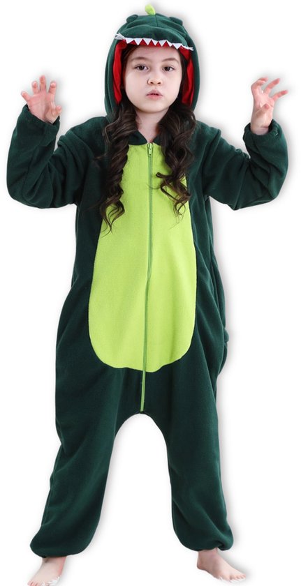 BoefieBoef Dieren Onesie Dinosaurus voor Kinderen 5-8 Jaar – Pyjama Dieren Verkleedpak – Warme Flanel Jumpsuit met Capuchon – Knuffelpak & Huispak – Zwemles – Carnaval, Halloween & Sinterklaas Cadeau – Jongens & Meisjes - Donker Groen