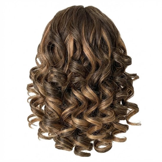 Bruin blond ombre krullend paardenstaart haarstuk met highlights, op een witte achtergrond.