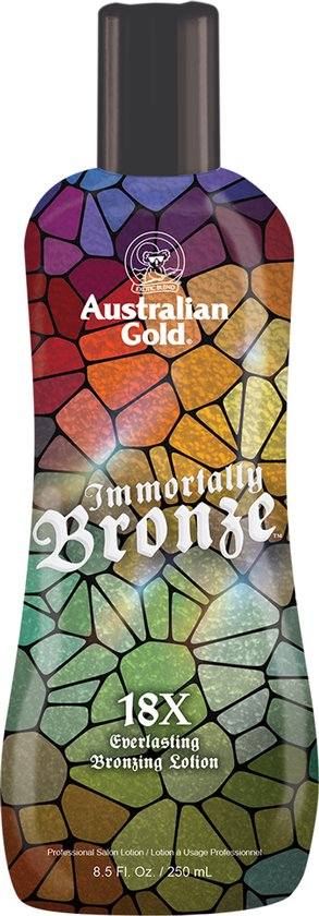 Fles met bruiningslotion met een mozaïekpatroon in regenboogkleuren. De tekst 'Australian Gold Immortally Bronze 18X Everlasting Bronzing Lotion' is zichtbaar.