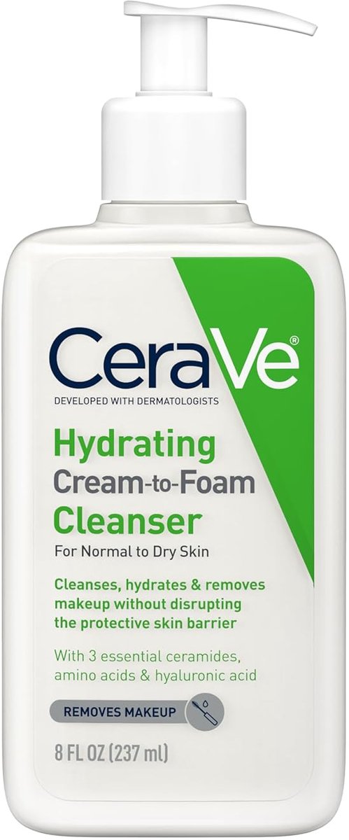 CeraVe Hydrating Cream-to-Foam Cleanser – Make‑up Verwijderende |Schuimende Gezichtsreiniger met Hyaluronzuur | Voor Normale tot Droge Huid | Parfumvrij & Niet‑Comedogeen, 237ml