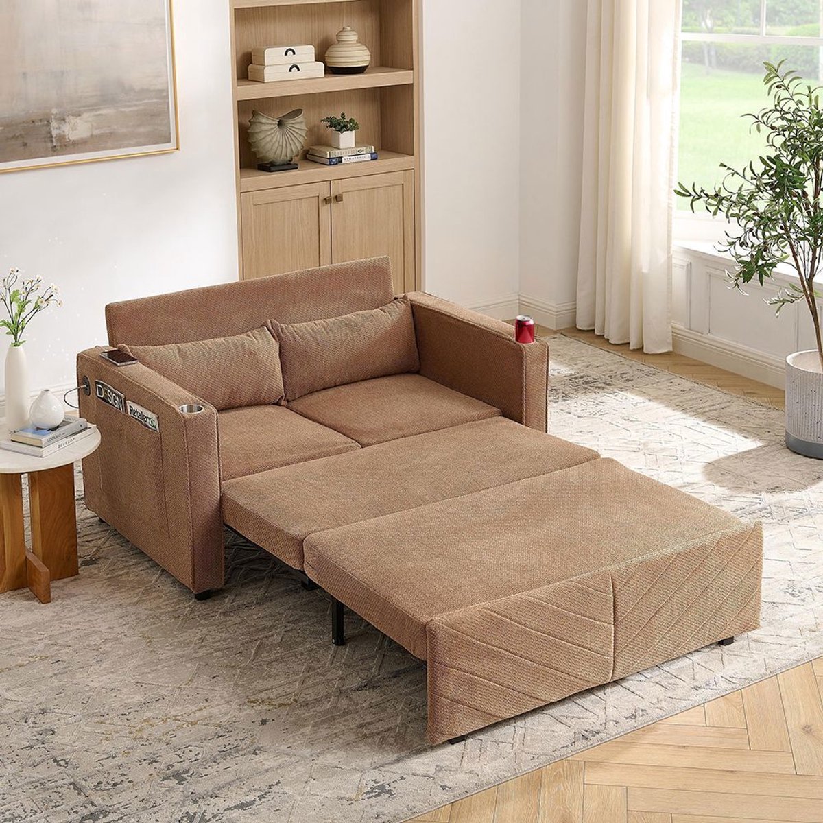 KOMHTOM BLACKCOLORS Minimalistische 3-in-1 slaapbank voor 2 personen, groot en elegant, uitschuifbaar ontwerp, USB-oplaadpunt, perfect voor een dutje, oranje